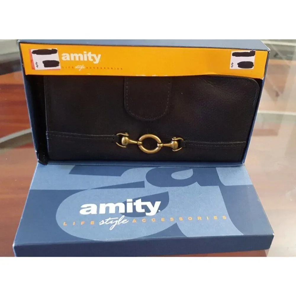Amity Scholar Clutch Wallet Chocolate Brown Leather Checkbook Cover China in Box